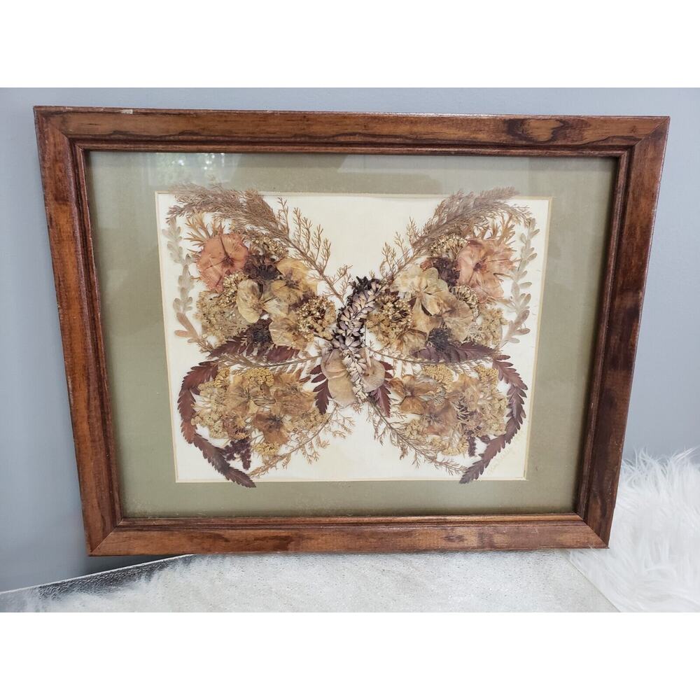 Vtg boho ROCCOCO FRAMED DRIED REAL FLOWER pressed butterfly wall art oddity